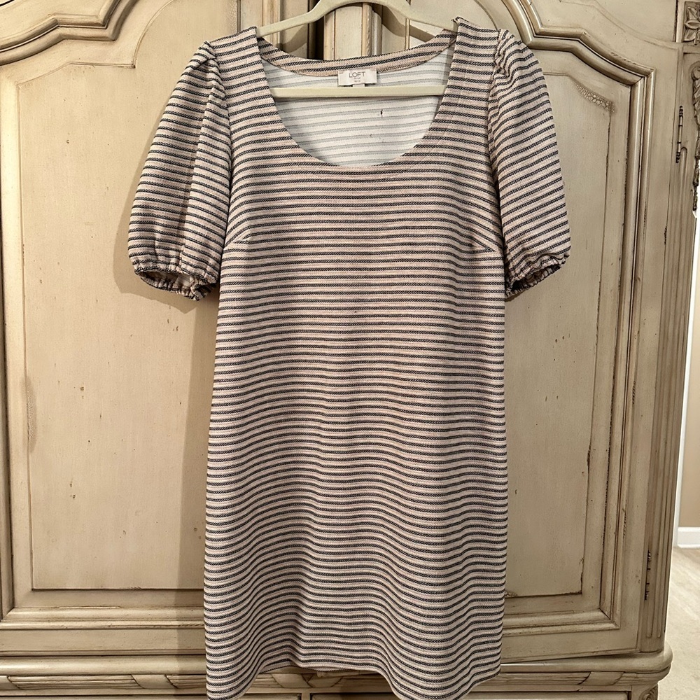 LOFT Cream and Navy Striped Puff-Sleeve Mini Dress